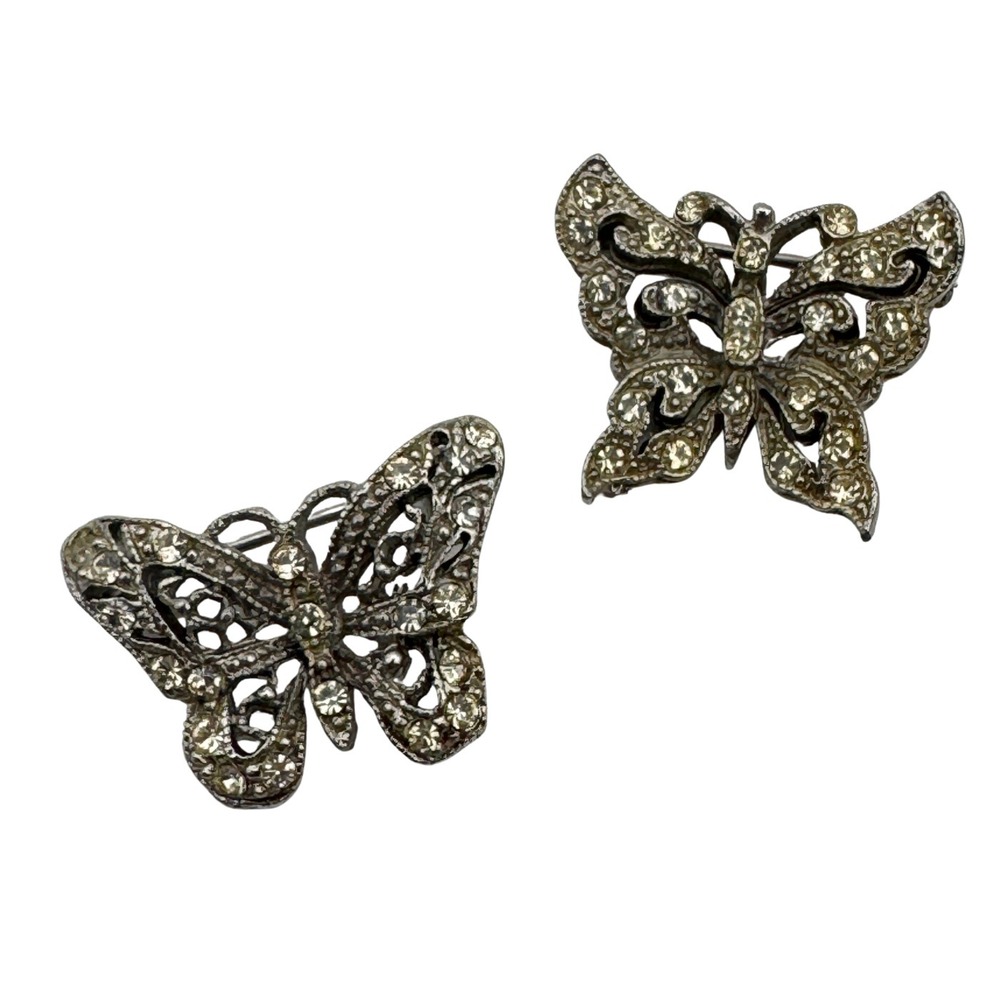 Vintage Butterfly Brooch Marcasite Pair Silver Tone Filigree Mini Pins